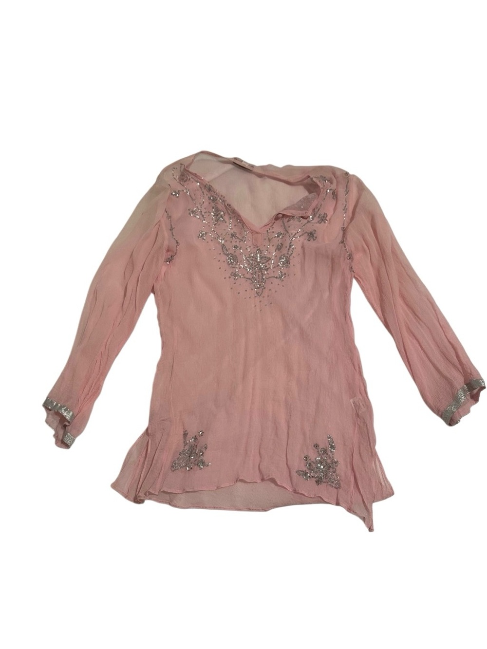 Shi by JOURNEYS Pink Beaded Sheer Long Sleeve Tunic Top
